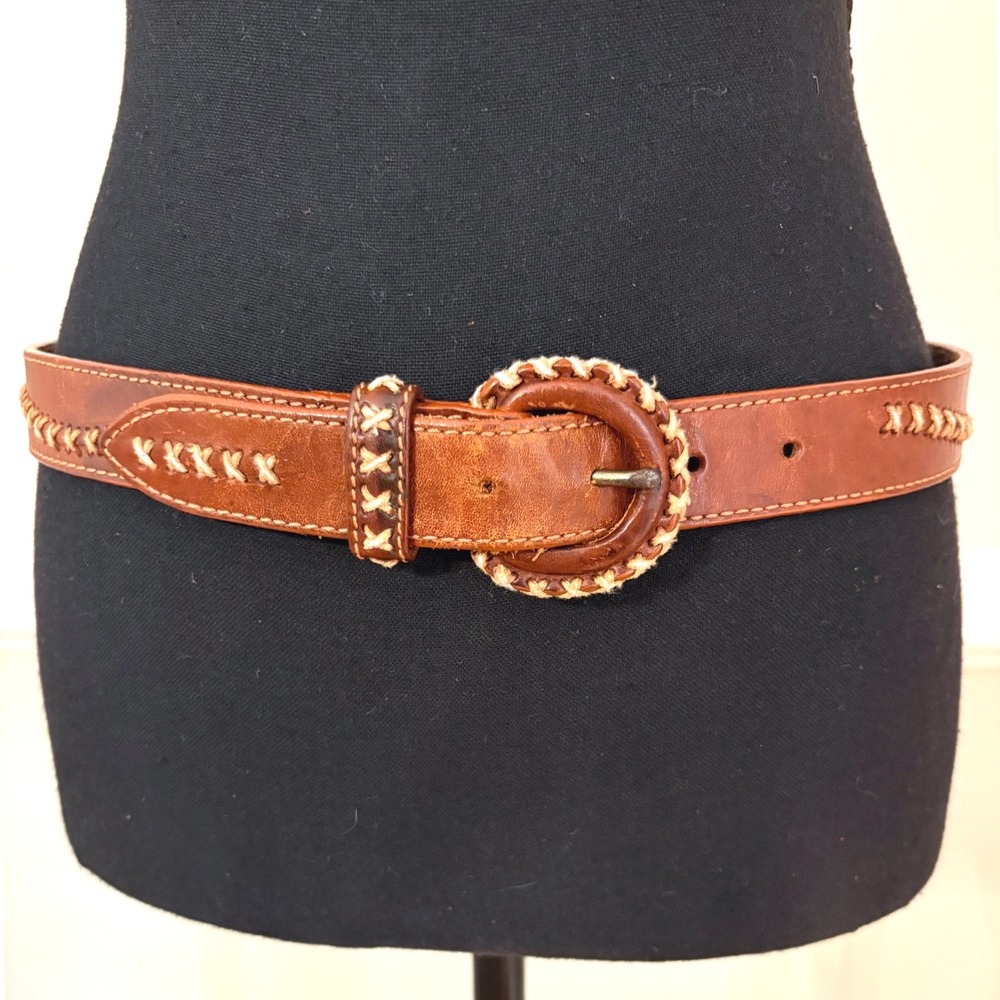 Fossil Leather Belt Brown Whipstitch Braided Trim Buckle Size Large 90s Y2K